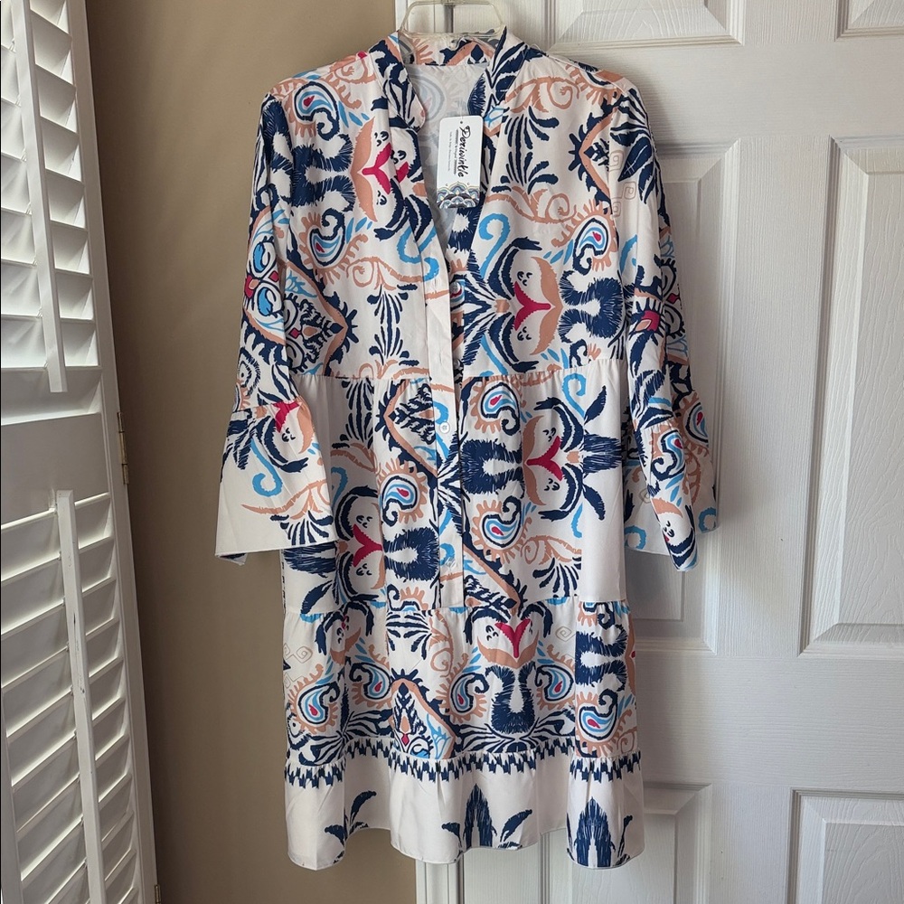 Periwinkle by Barlow Ivory Midi Dress with Navy, Coral & Turquoise Motif